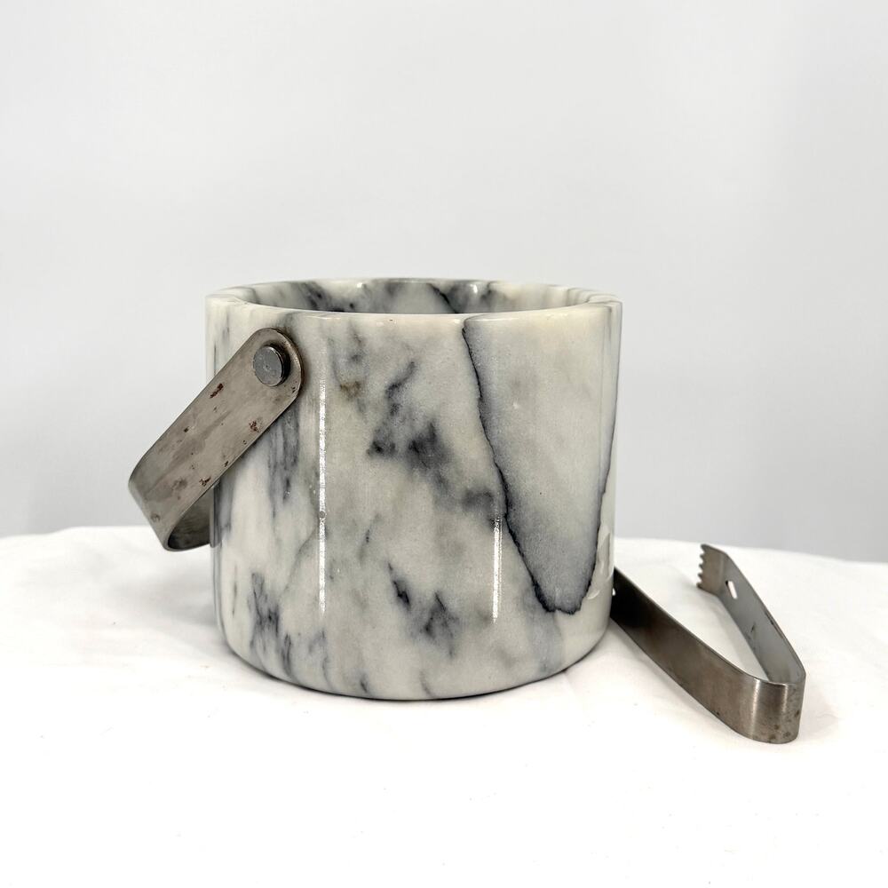 Vintage 70s White Grey Solid Marble Hollywood Regency Heavy Barware Ice Bucket